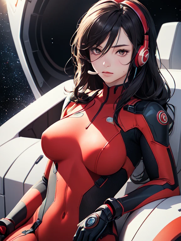 (masterpiece, highest quality), One girl, Beautiful Face, Beautiful body, Makinami Mari Illustrious, Plug Suit, Bodysuits, Interface Headset, red Bodysuits, Hair between the eyes, Pilot Suit,((Show your whole body:1.5)), The background is space (Amazing details, Excellent lighting, Wide-angle)