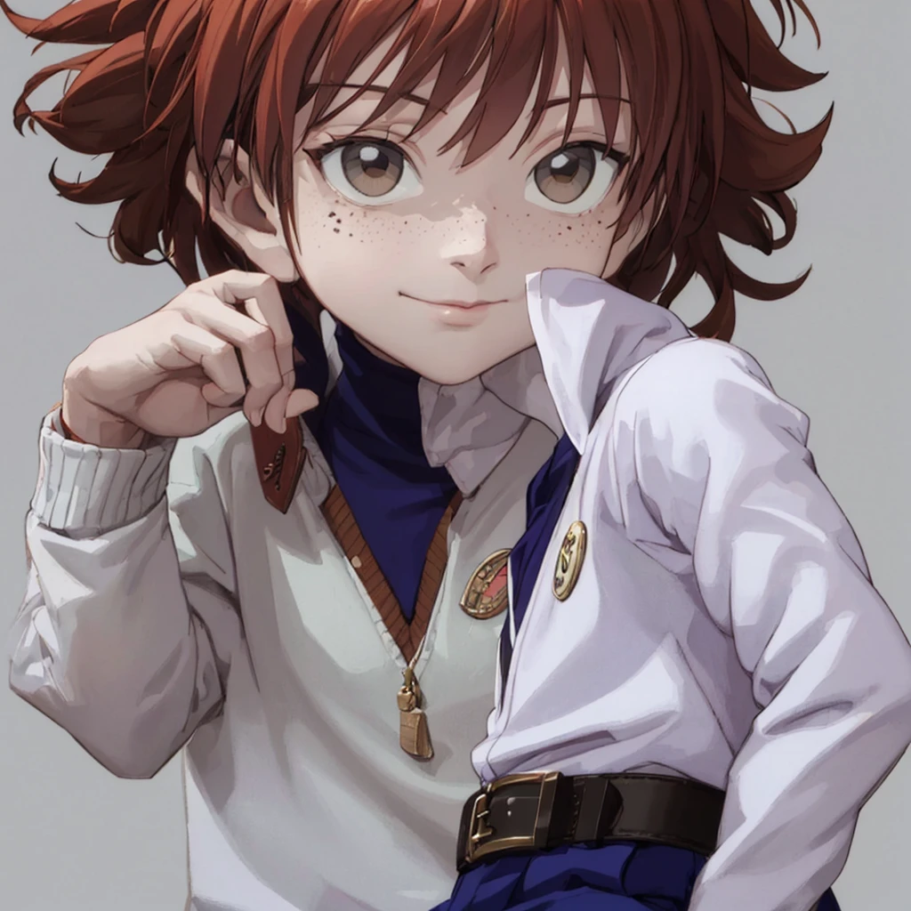 ((masterpiece)), (((Best quality))), illustration, 1 guy, bright skin, Brown eyes, freckles, Red hair, curly hair, school clothes, Vyazannaya cardigan, trousers, White shirt, belt, relaxed posture, (simple background: 1.3) ,--6