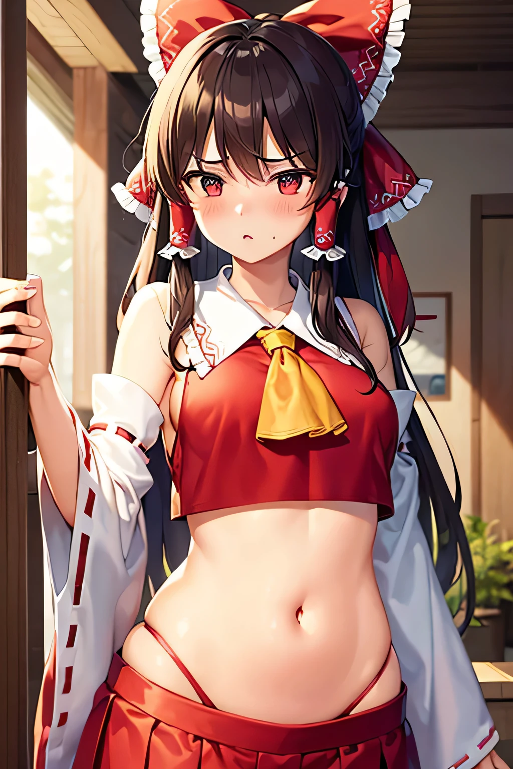 super fine illustration, vibrant colors, masterpiece, sharp focus, best quality, depth of field, cinematic lighting, ultra detailed, blush, belly button, navel, tummy, shrine maiden, hakurei reimu, 1girl, hair bow, ascot, hair tubes, detached sleeves, red shirt, red skirt, very long hair, dark brown hair, indoors, mature woman, ,hakurei reimu, 1girl, hair bow, ascot, hair tubes, miko, detached sleeves, Reimu Hakurei, annoyed, curly hair, looking down, parted lips, side boob