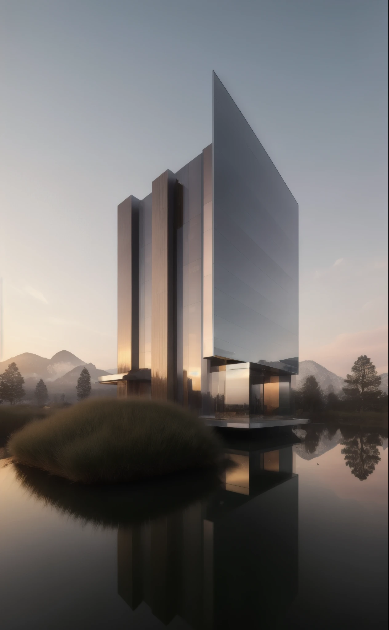 ((masterpiece, best quality)), 8k, modern gold metallic architecture style, photo realistic, david chipperfield, hyper detailed photo, single box, a digital 3d render of a building,(stone:1.1), leansflare, mountain, tall building, sunset. High details, high quality, [[photorealistic Chromatic gold aberration]], digital photograph, HDR, high contrast, (cowboy shot), masterpiece. [The golden scene is surrounded by mist, evoking a mysterious and eerie atmosphere. The lighting is dark and atmospheric, with a touch of sinister ambiance. Best quality image, HDR enhancement, showcasing the utmost level of detail and realism]. [8K, Best Quality, Ultra High Resolution, (highly detailed CG unity 8k wallpaper), (best photo), (best shadows), isometric 3D, octane rendering, ray tracing, highly detailed, (Best quality, 4K, 8k:1.2), absurdity, ultra detailed, (realistic, photorealistic, photorealistic:1.37), complex parts, HDR, (complex parts:1.12), (hyper detailed, hyper realistic, Soft lighting, spicy:1.2), (complex parts, Hyper detailed:1.15). Blurred foreground. (backlit), masterpiece, high quality, brightness, chromatic aberration, shadows, contrast, clear sky, (warm hue, warm tone), high details, natural reflections]. many details. (YES SFW)