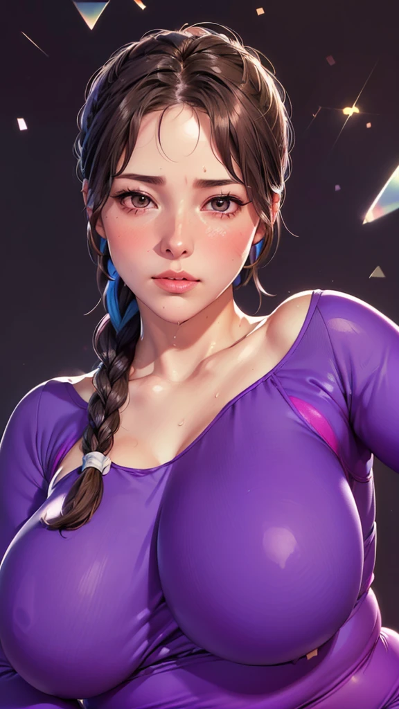 (((Perfect body,White and tender skin,(((Purple yoga suit,Purple yoga pants,yujiasuit, yoga pants, yoga long sleeves,))),(((Ajumma,brown eyes, braid, long hair, braided ponytail, single braid, hair over shoulder, bangs, blush, lips))),((masterpiece)),highres,((Best quality at best)),masterpiece,quality,Best quality,((( Exquisite facial features,Looking at the audience,There is light in the eyes,(((blush,pant,sweat))),Yoga exercises,Plump buttocks))),(((Light and shadow,Huge breasts,))),(((Looking at the camera,black background,)))),