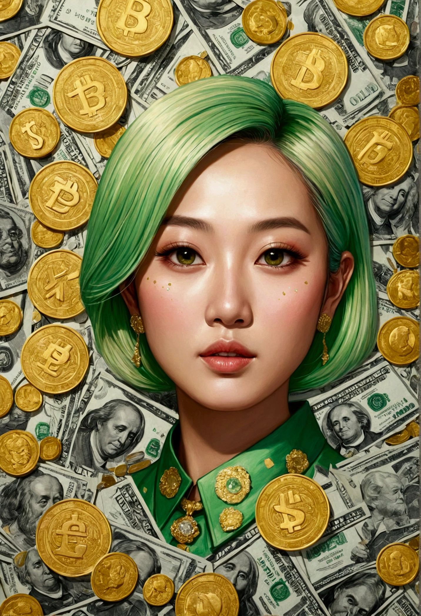 detailed drawings , The room is surrounded by many dollar bills and gold bars., Gold Coins,sprinkled from the ceiling,diamond,gem,Asian woman with green blonde hair,Charming beautiful face,Oval face, big eyes, long hair.,สวมชุดสไตล์ old money ,sitting on a pile of money,มือรับdiamondพลอย