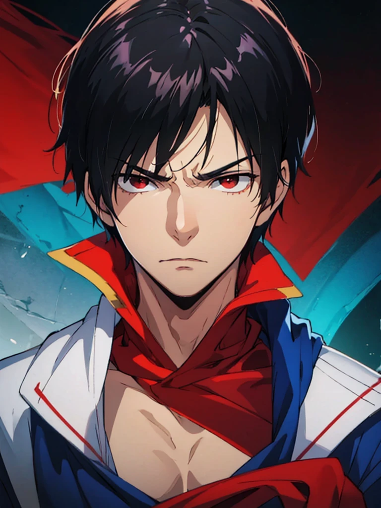 Boy, blue clothes, black hair, red eyes, teenager, Angry expression