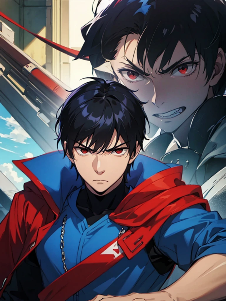 Boy, blue clothes, black hair, red eyes, teenager, Angry expression