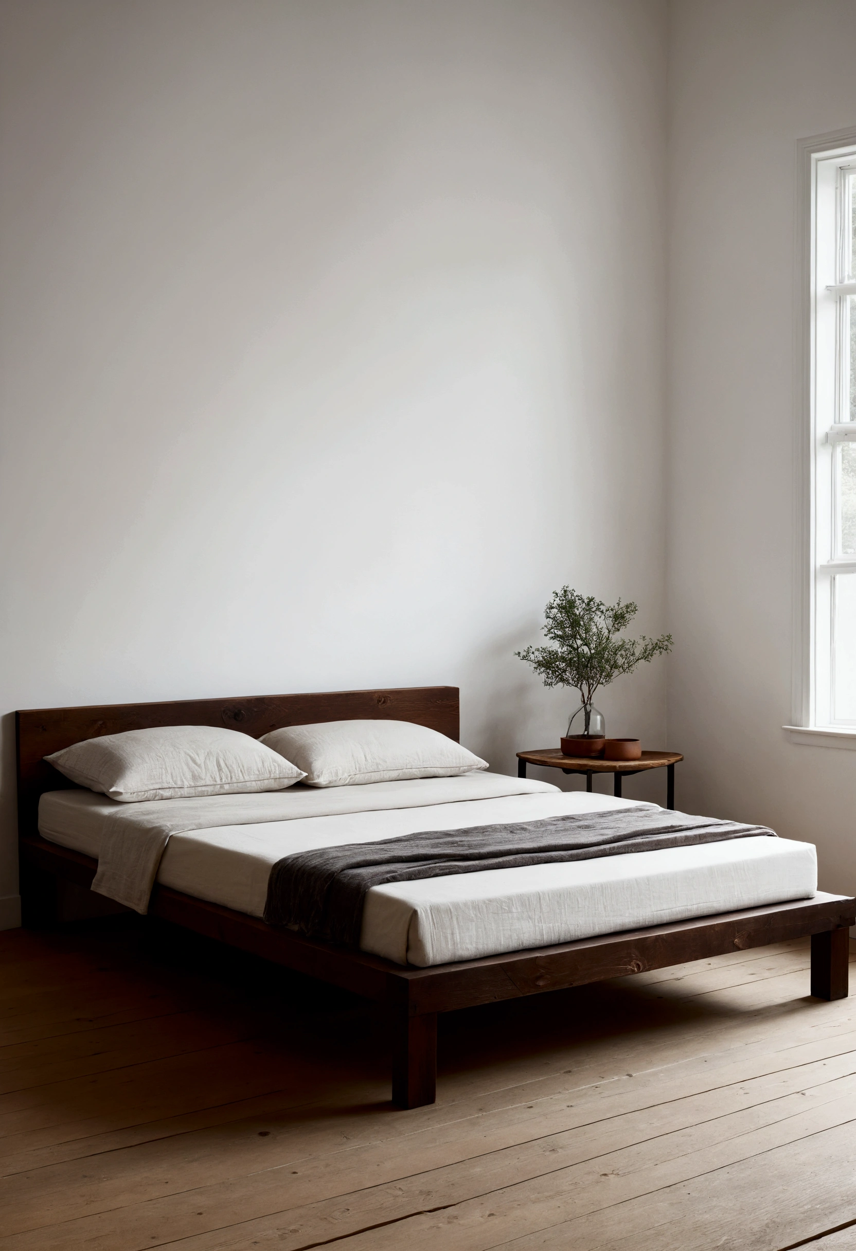 there is a bed with a dark brown wooden frame in the room, unmade bed, bed, minimalist furniture, bed, oak, small unmade bed, old pine wood, unmade bed, modern minimalist bed f 2 0 dark brown, wooden platform, wood, clay, modern minimalist bed f 2 0, minimal, pine, comfortable big bed, wooden furniture