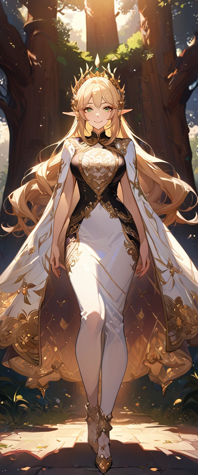 masterpiece, best quality, 8k ,4k , 1girl, elf queen, blond reddish hair, green eyes, big chest, gold wreath crown, hair ornament, finely detailed eyes and detailed face, looking at viewer, white sleeveless, Lace dress, patterned clothes, gold embroidery clothes, meticulous clothes, mature clothes, transparent cape with lace, majestic looks, smiling gently, small bird, full body, big tree background, inspired by Asukaziye artist : ask, art style : ask