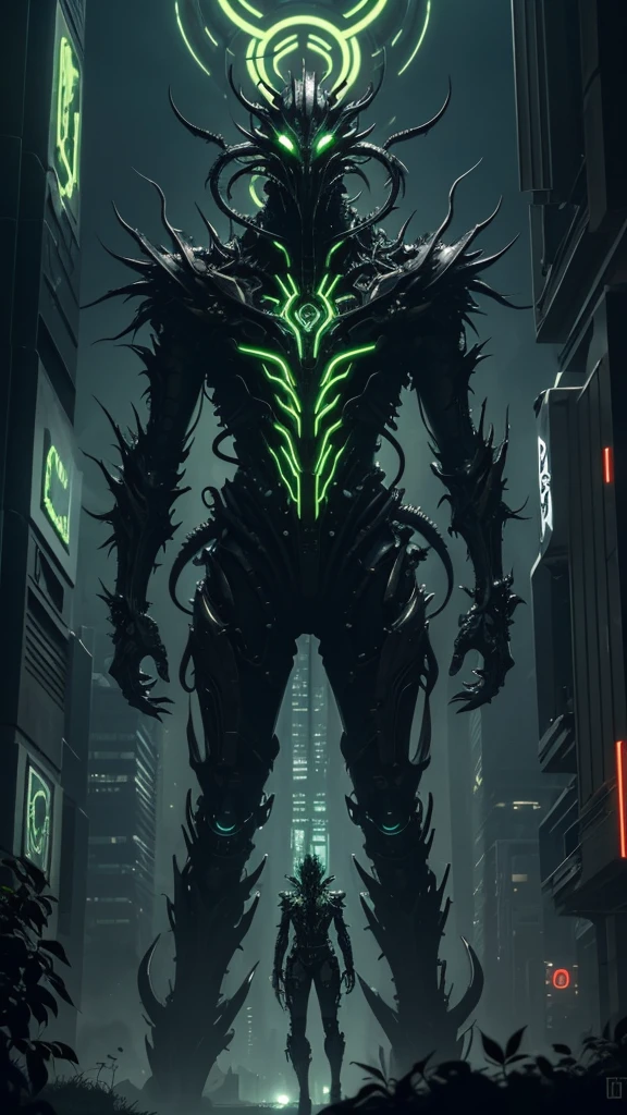 A striking, futuristic image of a biopunk-inspired monster named Cannabis, with vines and plant-like tendrils covering its mechanical, cybernetic body. The creature towers over a dark, dystopian cityscape with neon lights and holographic advertisements. Its eyes glow with an eerie green light, and its mouth is filled with sharp teeth. The overall atmosphere of the image is dark, edgy, and unsettling, with a blend of organic and mechanical elements.