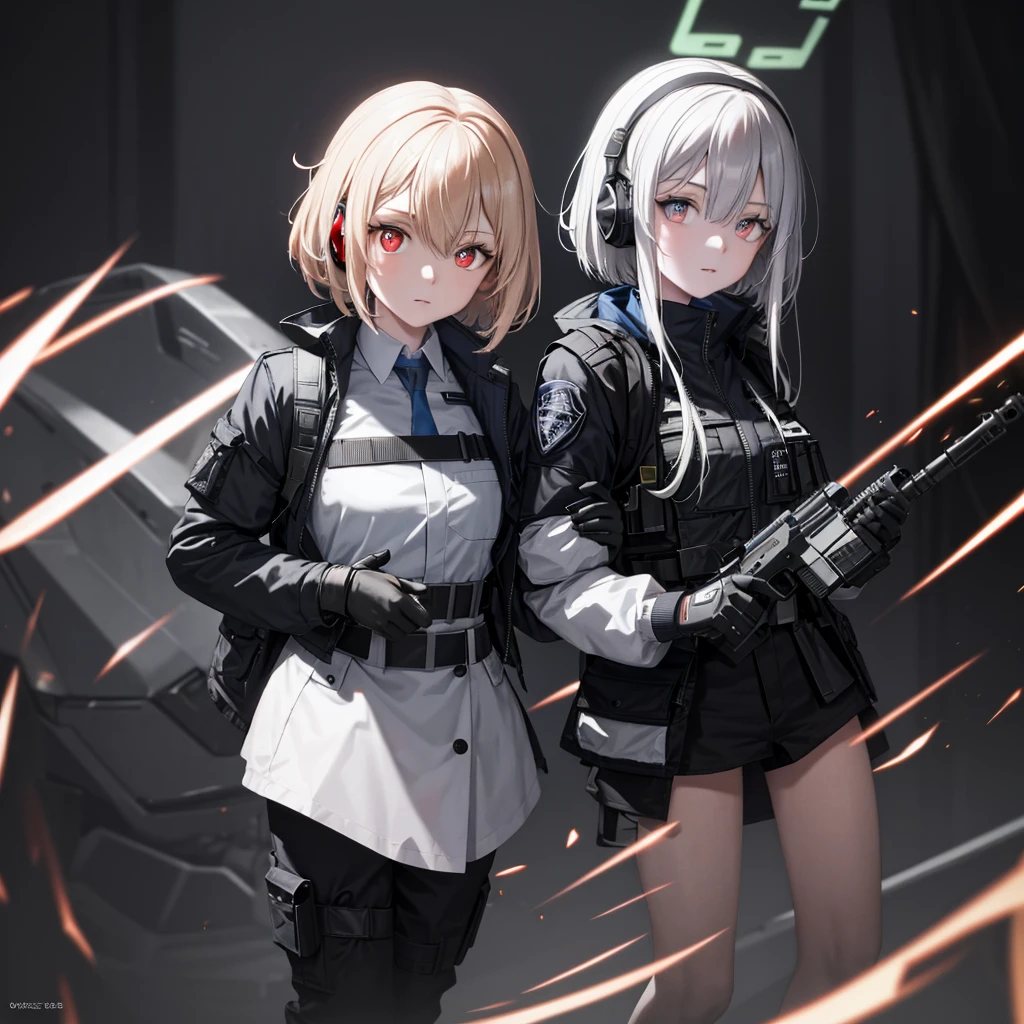 masterpiece , A girl, On the war zone, ( light white short hair:1.2), (Red Eyes:1.2), (military uniform:1.2), (Looking at the audience:1.2) , (8K, Best quality 1.2), Extremely detailed, 8K uhd, Soft lighting, high quality, Film Grain, Beautiful Lights, Movie ,Perfect body , Optimal lighting, Best shadow, sharpest, Compared, Red glasses, Messy hair, Tactical Vest, Gloves, earphone, absurdres high detail face