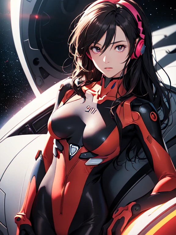(masterpiece, highest quality), One girl, Beautiful Face, Beautiful body, Makinami Mari Illustrious, Plug Suit, Bodysuits, Interface Headset, red Bodysuits, Hair between the eyes, Pilot Suit,((Show your whole body:1.5)), The background is space (Amazing details, Excellent lighting, Wide-angle)、Neon Genesis EVANGELION