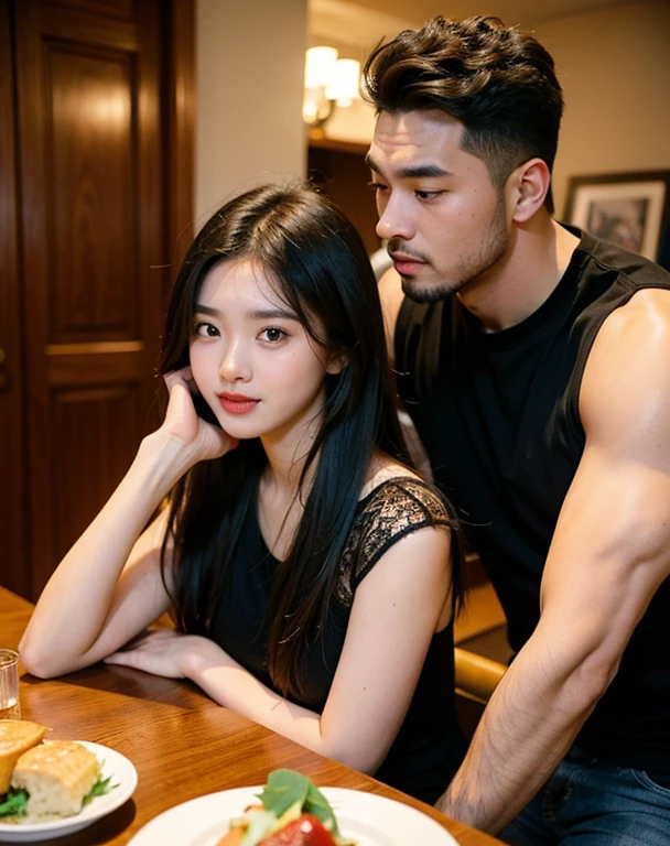 A Chinese man and a young Korean woman, age difference, age difference, giant size, ((40 year old man, kkissg has a beard, muscular body, smiling face, body full of hair, hug standing, touching the girl&#39;s chest)), ((18 years old sexy young girl, small size and skinny, long black hairstyle, face red because of embarrassment, tư thế tình dục, kiss)), 40 year old man, A young girl, sea, wooden hut, Detailed face, thực tế, ngực, nude, tình dục, áo ba lỗ xuyên thấu, large chest groove, small areola
