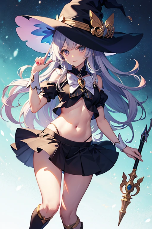 Magical girl、Witch Hat、Magic wand、Detailed face、Black knee-high socks and knee skirt、Thighs、Belly button、whole body