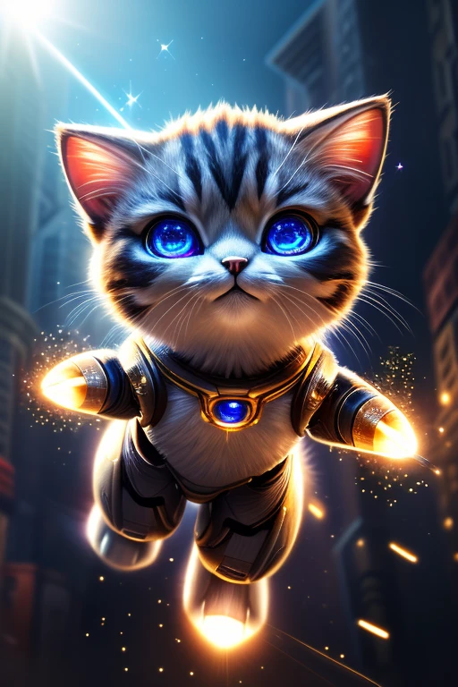 (Highest quality、masterpiece、8k))、Anatomically correct、Very detailed、High resolution、Realistic、((Beautiful, sparkling, detailed eyes))、Intricate details、Cinematic lighting、((Dynamic composition))、kitten、Big head、Robot Cat、Rocket Punch