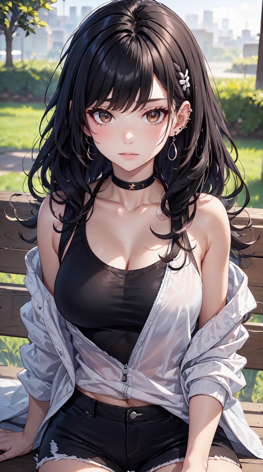 young woman, really long black hair, messy hair, beautiful, sitting on park bench, lots of hair volume, light brown eyes, white clips in hair, lots of silver earrings ears, multiple ear piercings (lobe, helix, and orbital ear piercings, white rain resistant jacket, choker necklace, black tank top and black shorts