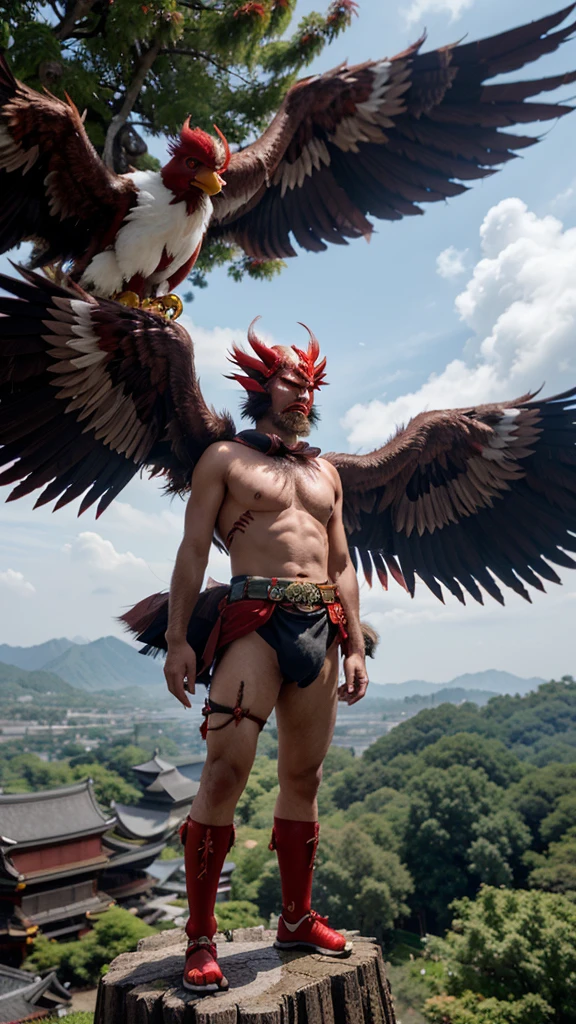 "Tengu iountains in Japan々A legendary monster that lives in、Standing on a tall tree with a long red nose and bird-like wings。He appears to be soaring with the force of the wind.、There is a mysterious mist behind it.。Tengu&#39;s eyes are sharp、It symbolizes wisdom and power。His figure is adorned in traditional Japanese clothing.、It exudes a somewhat fearsome atmosphere.。This image is、Our goal is to express the mystique and strength of Tengu.。"