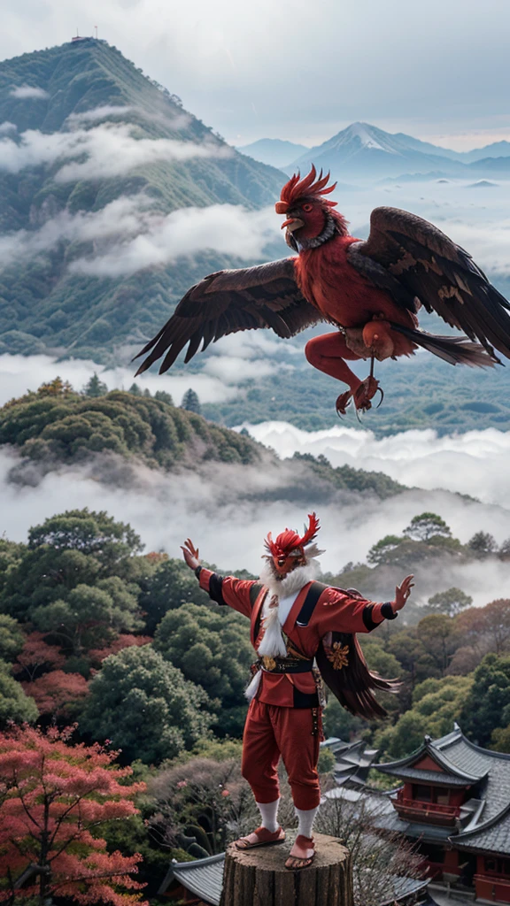 "Tengu iountains in Japan々A legendary monster that lives in、Standing on a tall tree with a long red nose and bird-like wings。He appears to be soaring with the force of the wind.、There is a mysterious mist behind it.。Tengu's eyes are sharp、It symbolizes wisdom and power。His figure is adorned in traditional Japanese clothing.、It exudes a somewhat fearsome atmosphere.。This image is、Our goal is to express the mystique and strength of Tengu.。"