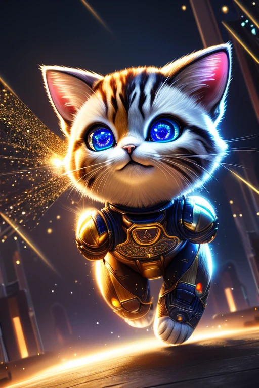 (Highest quality、masterpiece、8k))、Anatomically correct、Very detailed、High resolution、Realistic、((Beautiful, sparkling, detailed eyes))、Intricate details、Cinematic lighting、((Dynamic composition))、kitten、Big head、Robot Cat、Rocket Punch