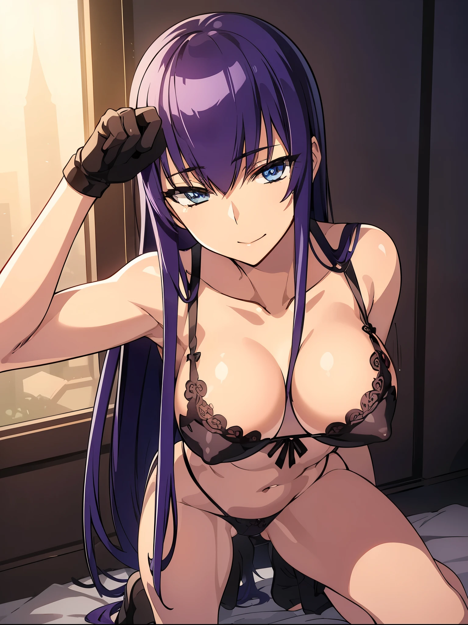 (Nsfw),saeko, saeko busujima, Long hair, bow ribbon, (Blue eyes:1.5),,(looking at the viewers:1.3),BREAK (masutepiece:1.2), Best Quality, High resolution, Unity 8k Wallpaper, (Illustration:0.8), (Beautiful detailed eyes:1.6), extra detailed face, Perfect Lighting, extremely details CG, (Perfect hands, Perfect Anatomy), big hotel room,Naughty big、thighs thighs thighs thighs、solo, very big breast, detailed nipples, deep cameltoe, barely spread legs, caderas anchas, ultra small high leg string thong, translucent stockings, perfect round detailed and realistic nipples, detailed vagina, daylight illuminated, black transparent super ultra small lace lingerie, in the most erotic pose, showing her beautiful nipples, full body picture, almost fully naked, pellizcando sus pezones, her vagina dripping wet from orgasm, (submissive pose), super small school uniform