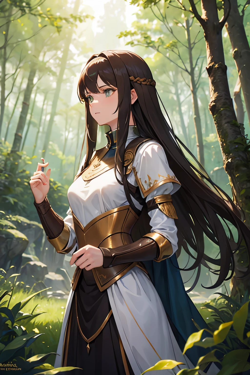 **female knight** with **brown hair** and **green eyes**, standing in a **mystical forest**.. Sunlight filters through the trees, casting a magical glow around her as she prepares to confront an unseen threat. The atmosphere should evoke a sense of bravery and connection to the natural world.
1girl, High Resolution, Breasts, beautiful hands, beautiful eyes,Long Hair, 