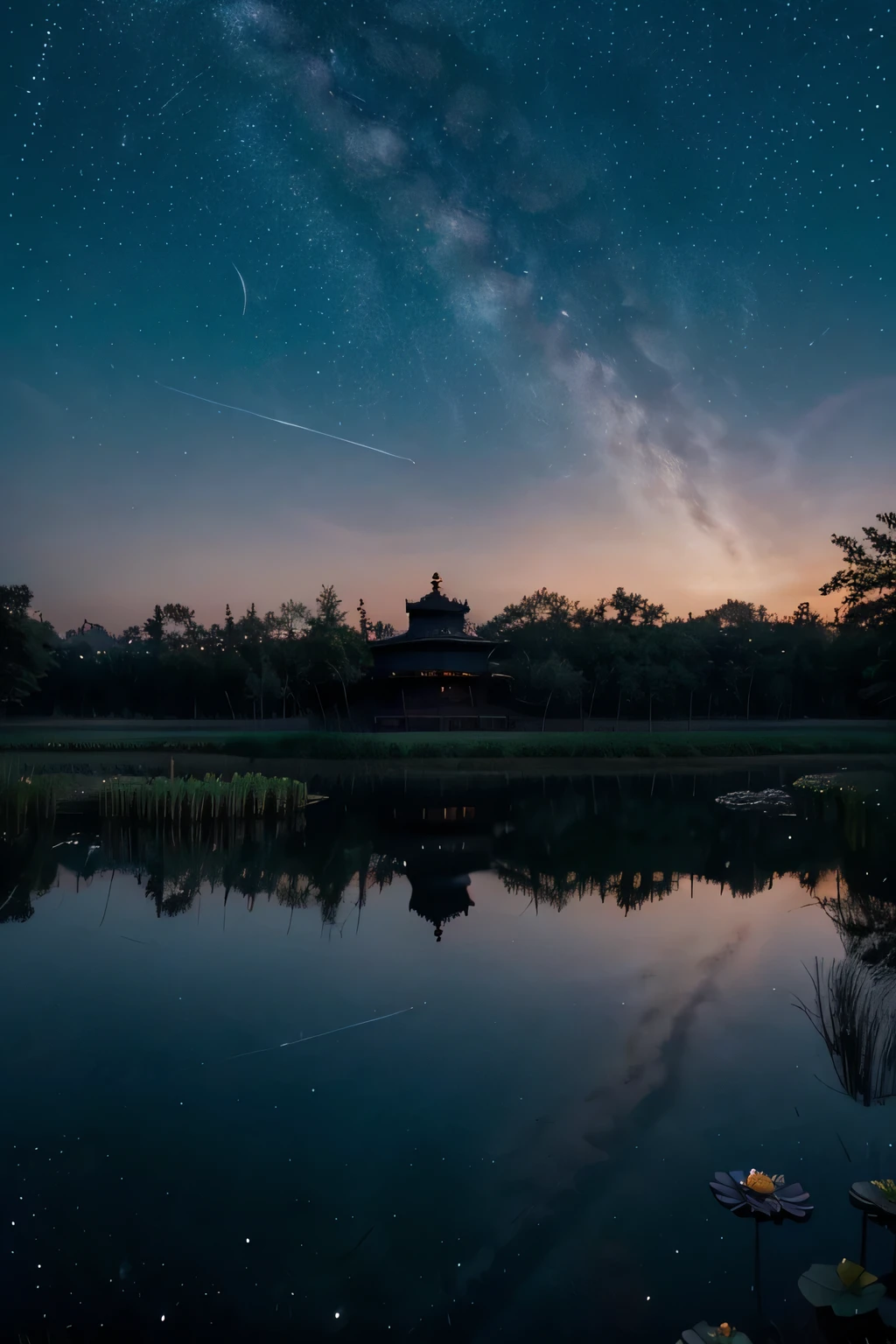 ,Dan Heng(Honkai Star Rail), vampire, fangs, teeth, blood, outdoors, (night sky), (starry sky), forest, ((reflective water)),water lilies, scenery, sky, flower, glowing