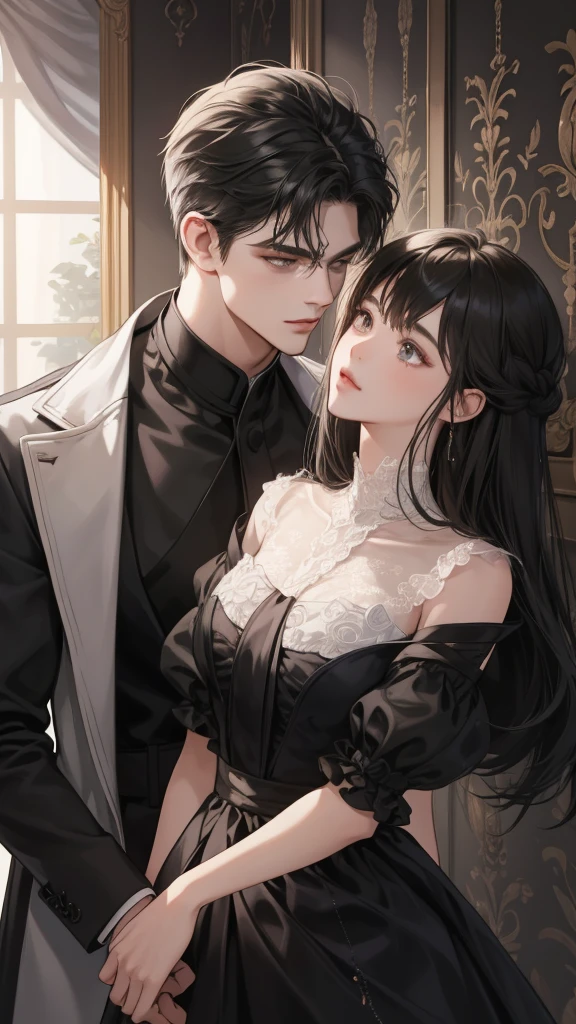 couple, 1 Girl 1 Boy, Romance, Illuminated suites, black color dress, Luxury room background, Handsome face, Romantic,Extreme detail, Digital art, 8K, Ultra HD,