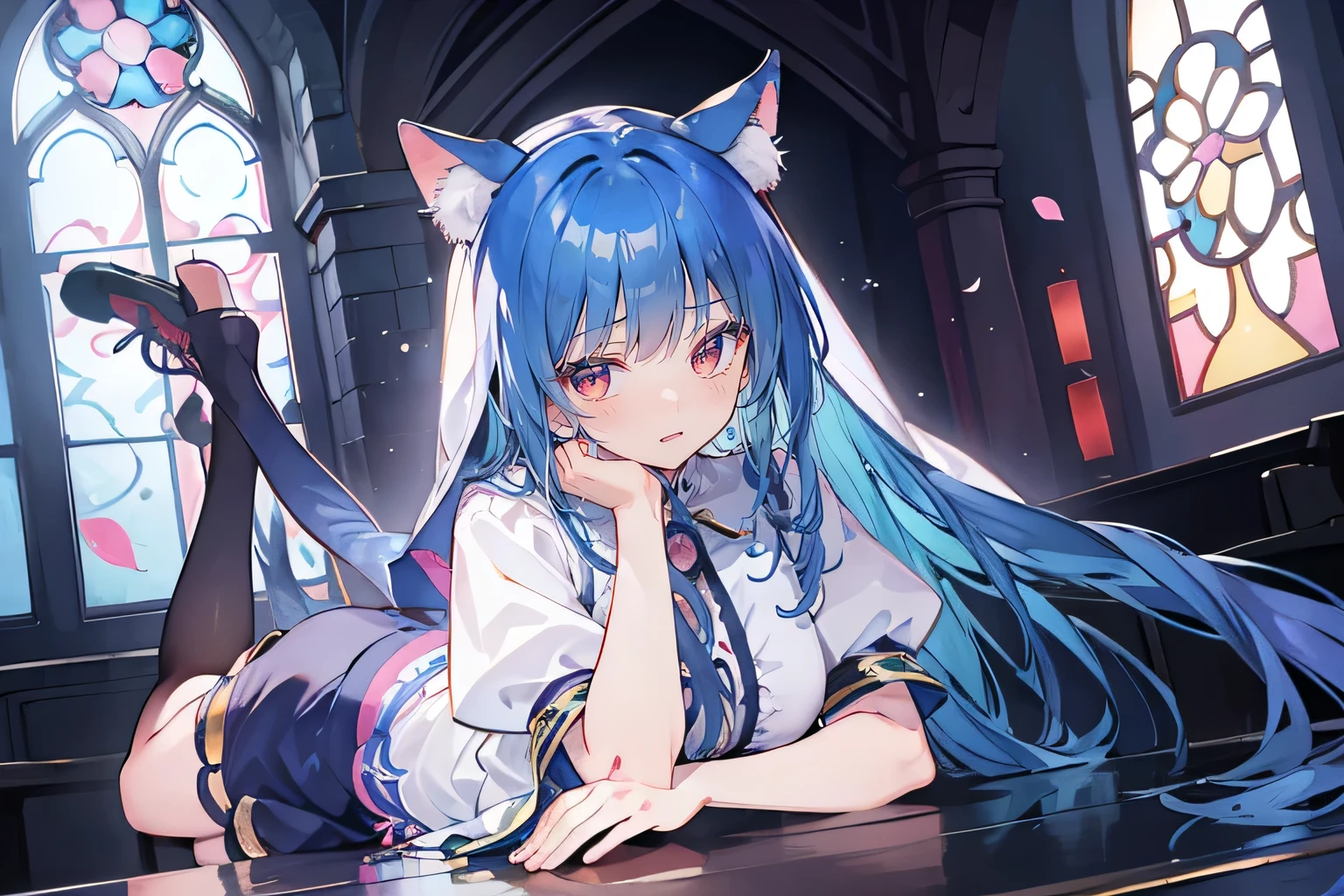 (masterpiece:1.2),Extremely detailed,Practical,expressive eyes,Fair skin,Perfect face shaping,1 Girl,
Japanese cartoons,Gorgeous blue hair, the long flowing blue hair,Floating clothes,Cat ears,Petals fall,beautiful lola,Young Angel,
Place your hands on your waist,sit elegantly on the ground,Cross your legs,Gentle and peaceful background,church,nun，Place your hand on your lips，Shy face。