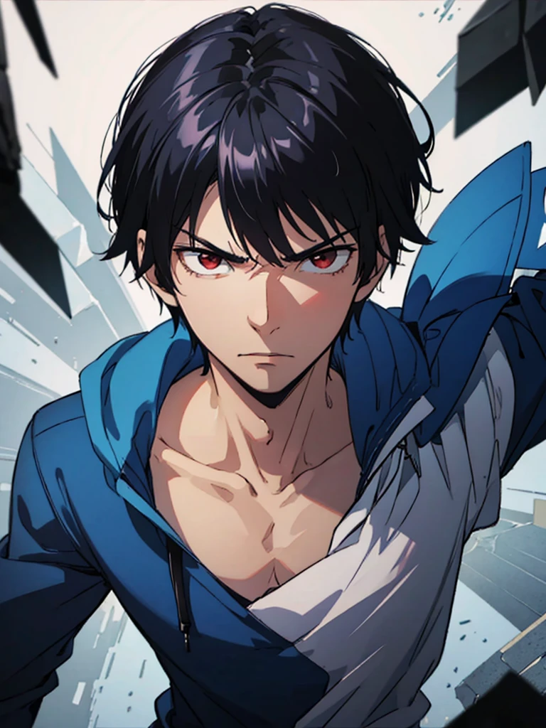 Boy, blue clothes, black hair, red eyes, teenager, Angry expression