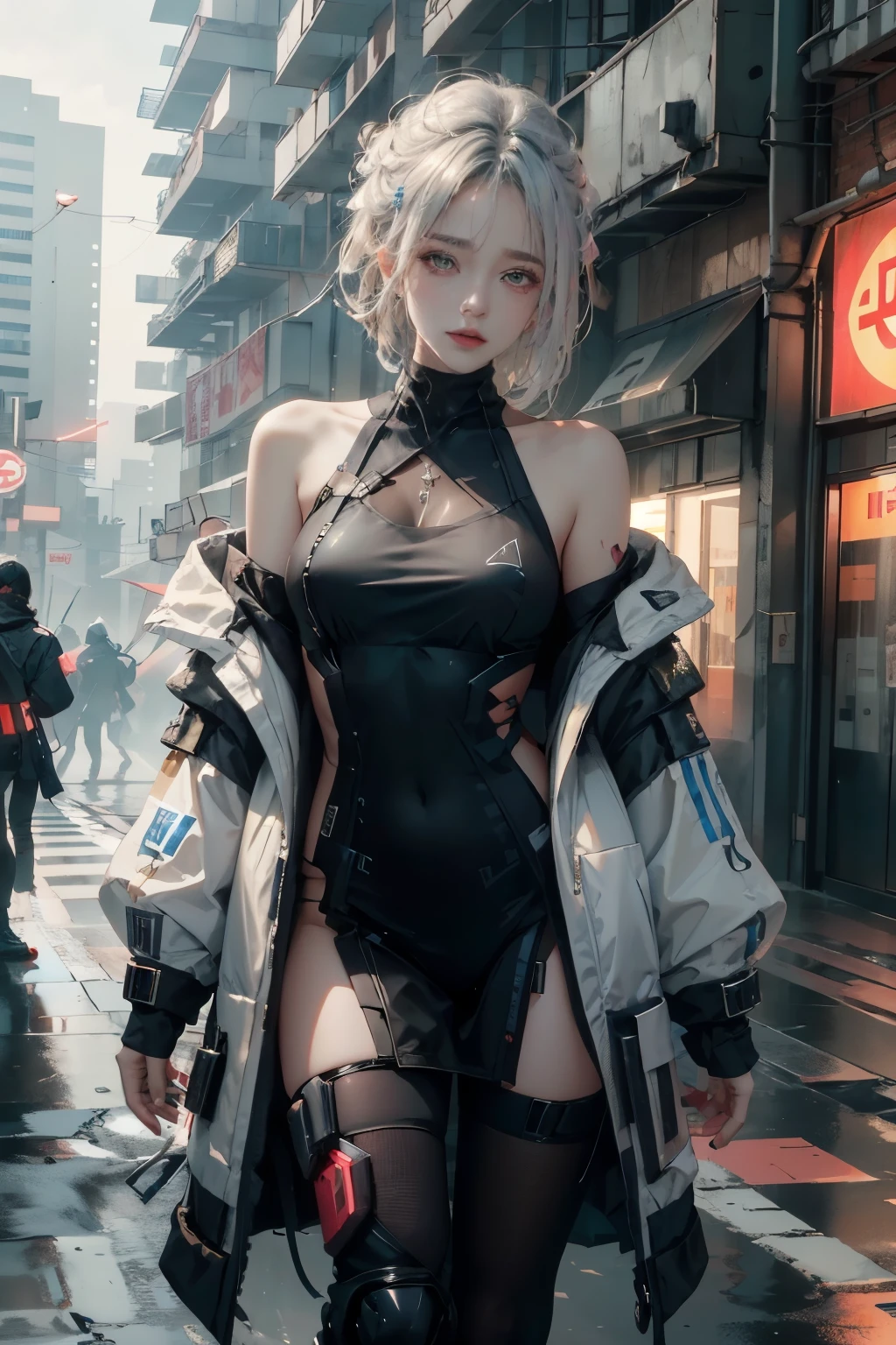 ((best quality)), ((masterpiece)), (detailed), Photorealistic, high resolution, mature woman, Image of a beautiful cyberpunk woman, Hips up, jewelry, Curtain Bangs, White hair, White eyes, หน้าอกใหญ่, HDR (high dynamic range), After processing, Anisotropic filtration,depth of field, Maximum clarity and clarity, multi-layered surface, perfect proportions, 8K raw files, กระโปรงสั้น, natural lighting, soft lighting, sunlight, Street cyberpunk city, detailed anatomy,