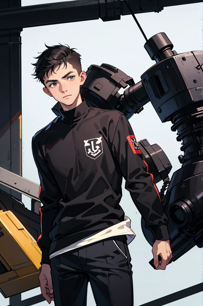 15 year old age boy, boy engineer and craftsman, Robot Boy, pale skintone, beardless, Without a beard, no beard, no body hair, black hair color, straight hair, pointy ears, futuristic white t-shirt, black haired boy