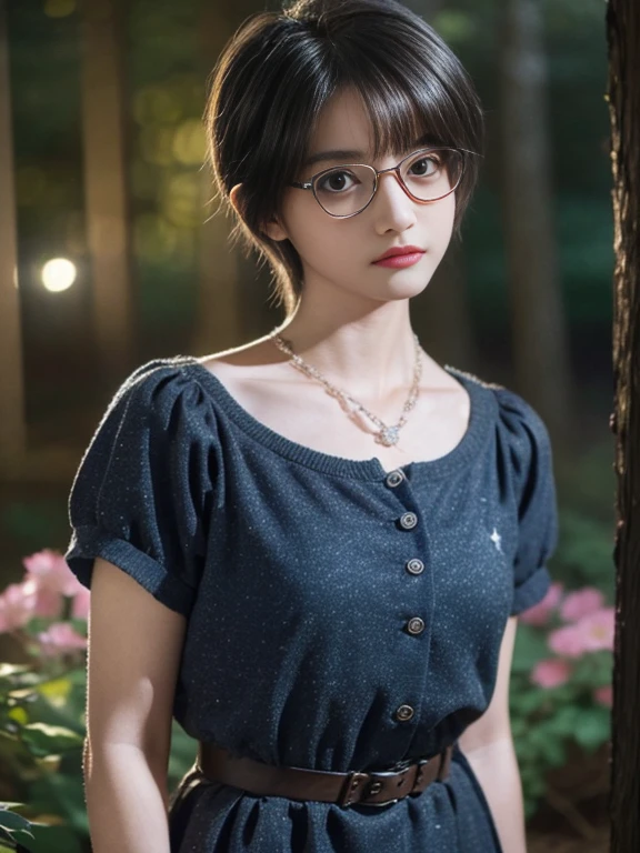17 year old girl, pretty face, with glasses, looking at the viewer, short wavy hair, small bust, slim, sad, full body, perfect legs, retro dress, at night, In the woods, starry sky, shining flowers, beautiful