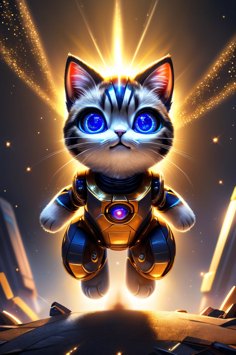 (Highest quality、masterpiece、8k))、Anatomically correct、Very detailed、High resolution、Realistic、((Beautiful, sparkling, detailed eyes))、Intricate details、Cinematic lighting、((Dynamic composition))、kitten、Big head、Robot Cat、Rocket Punch