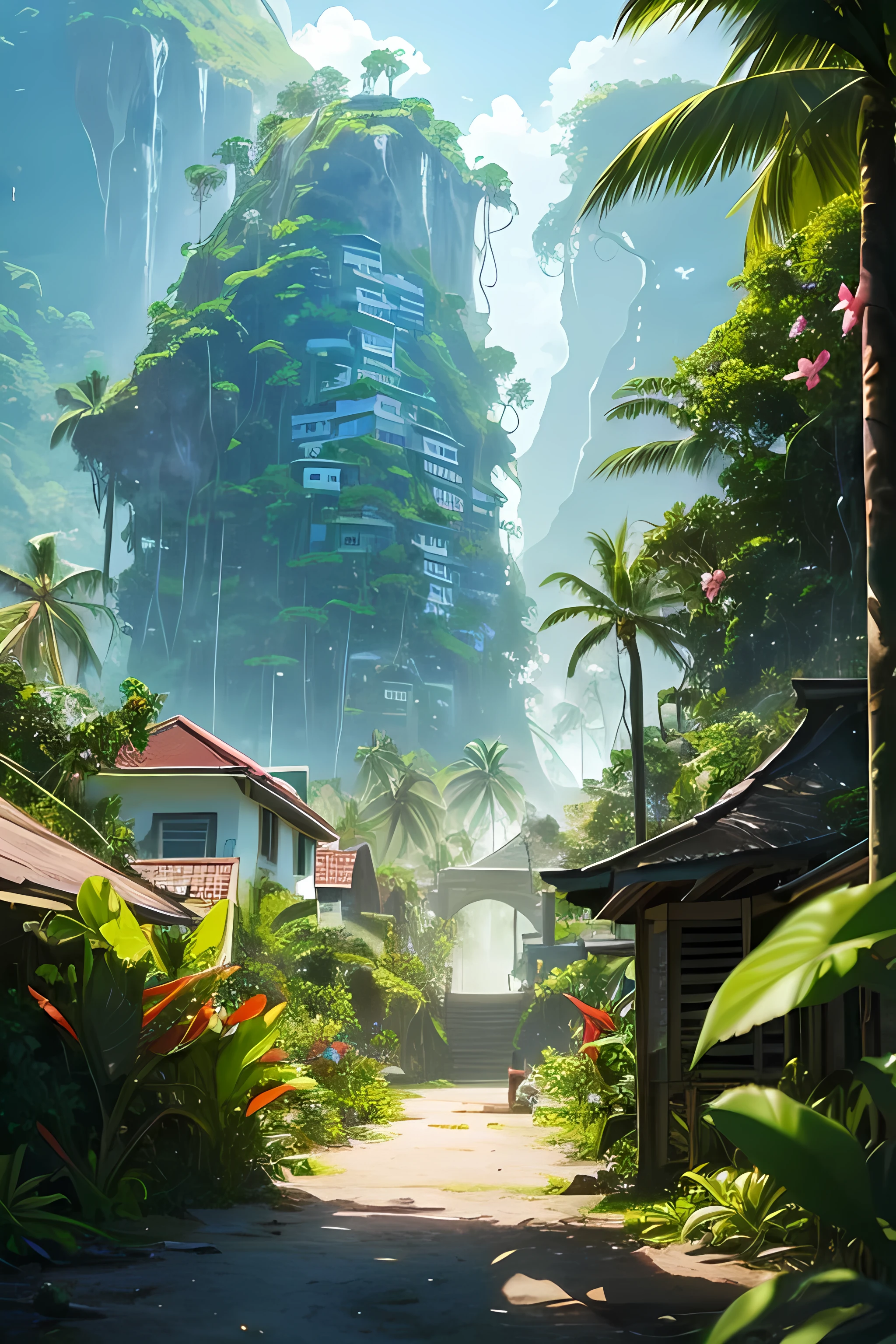 vibrant tropical paradise known for its lush greenery and beautiful beaches, but it bears the scars of nature's fury when hurricanes sweep through. The island’s inhabitants are resilient, having adapted their lifestyles to celebrate the beauty of their home while preparing for the storms. (((High fantasy buildings in the tropical jungle),