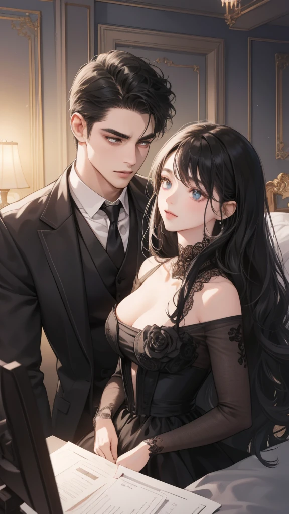 couple, 1 Girl 1 Boy, Romance, Illuminated suites, black color dress, Luxury room background, Handsome face, Romantic,Extreme detail, Digital art, 8K, Ultra HD,