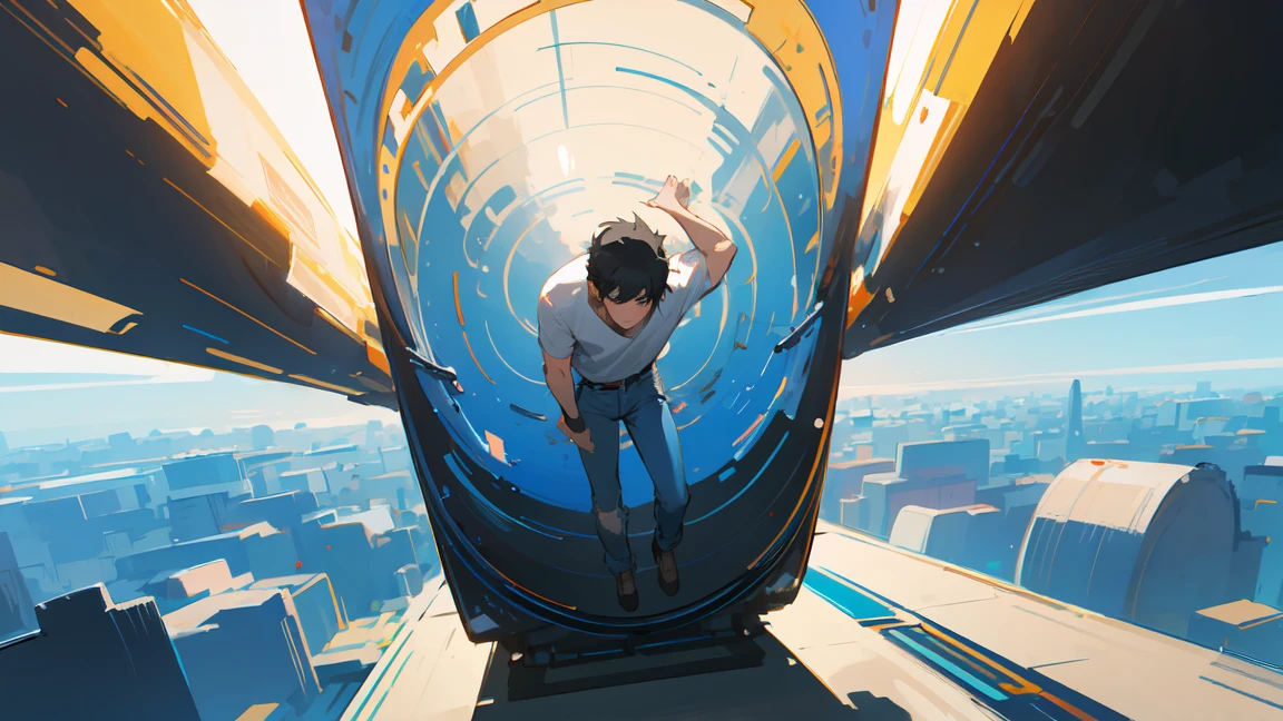 black hair, man, male, white t-shirt, jeans, handsome, sci-fi, short hair, dazzling, dimension, surrealism, shadow, relief, stereogram, vertical drawing, perspective, atmospheric perspective, movie lighting, protective net, wide angle, 8k, super detail, best quality, ultra high definition, high resolution