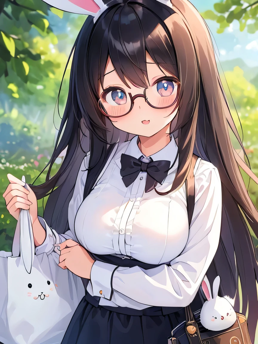 ((masterpiece)), ((best quality)), (ultra-detailed), ((kawaii)), cute, (lovely), illustration, anime style, (beautiful eyes), beautiful black hair, long hair, slim, slender, medium breast, glasses, carrying a large white cloth bag on her shoulder, (Rabbit ears), white rabbit.