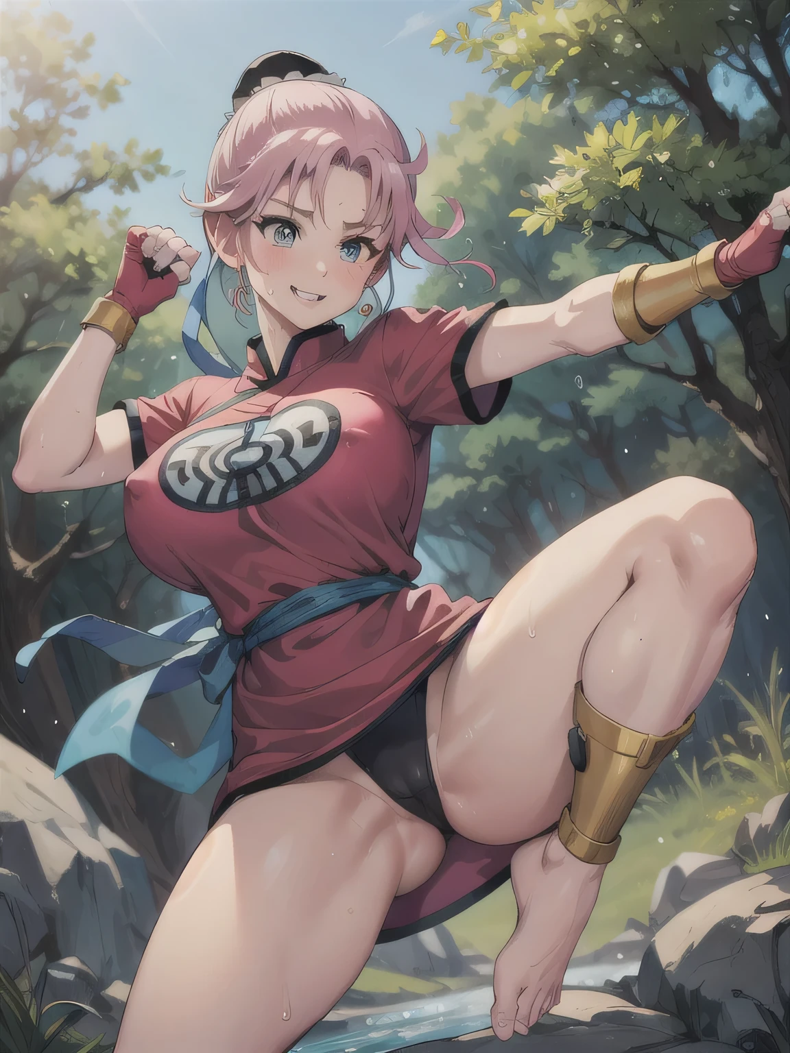 Dear,Big Breasts,Transparent nipples、Sweaty、Blushing beautiful eyes,Tight waist,Realistic,alone,Outdoor,forest, martialMaam,Pink Hair,Hair Bun,Long Hair,China dress,Short sleeve,sash,Fingerless gloves,Beautiful feet, smile, The scene where he high-kicked the audience, Lady, Dragon Quest、Fluid dripping from the crotch
