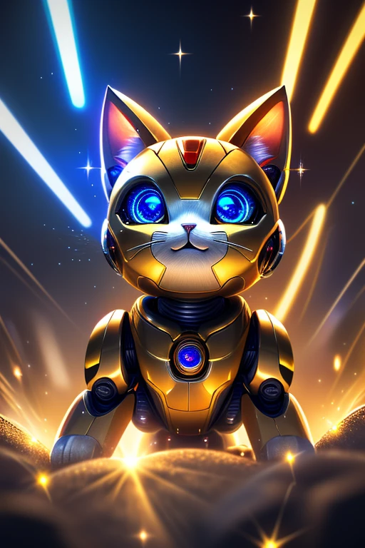 (Highest quality、masterpiece、8k))、Anatomically correct、Very detailed、High resolution、Realistic、((Beautiful, sparkling, detailed eyes))、Intricate details、Cinematic lighting、((Dynamic composition))、kitten、Big head、Robot Cat、Rocket Punch、Robo Face