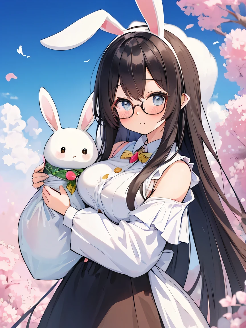 ((masterpiece)), ((best quality)), (ultra-detailed), ((kawaii)), cute, (lovely), illustration, anime style, (beautiful eyes), beautiful black hair, long hair, slim, slender, medium breast, glasses, (carrying a large white sack on her shoulder:1.3), (white Rabbit ears), white rabbit.