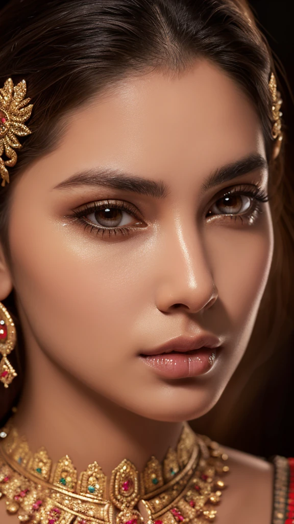 beautiful detailed eyes, beautiful detailed lips, extremely detailed eyes and face, long eyelashes, 1 woman, indian woman, nude, detailed skin, ornate jewelry, intricate facial features, high quality, hyper realistic, photorealistic, oil painting, cinematic lighting, dramatic chiaroscuro, vibrant colors, warm color palette