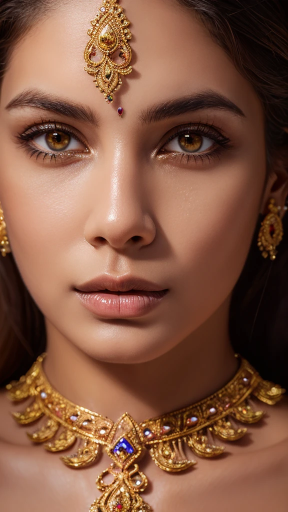 beautiful detailed eyes, beautiful detailed lips, extremely detailed eyes and face, long eyelashes, 1 woman, indian woman, nude, detailed skin, ornate jewelry, intricate facial features, high quality, hyper realistic, photorealistic, oil painting, cinematic lighting, dramatic chiaroscuro, vibrant colors, warm color palette