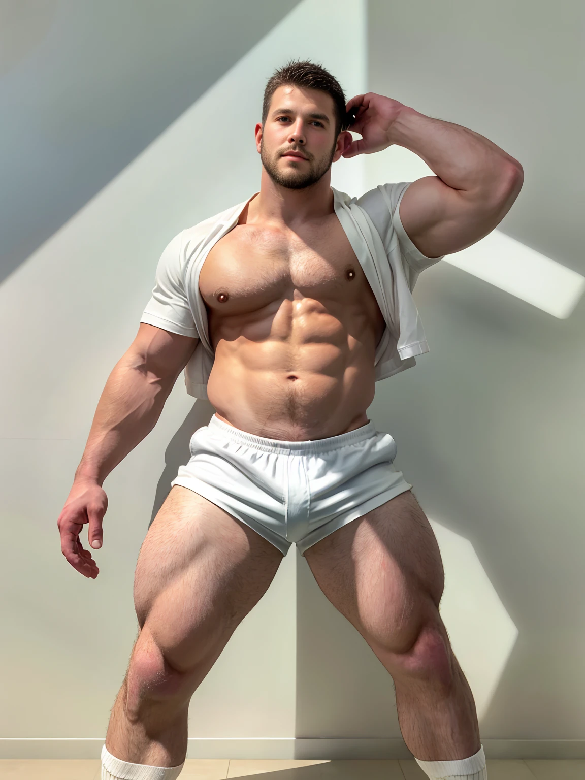 1boy, 独奏, unbuttoned shirt, short shorts, black shorts, Excellent J8，Big bump，Long legs，white socks, (Big dick:0.6), 35 year, masterpiece, details, hairy chest, HD, best shaders, fullbody