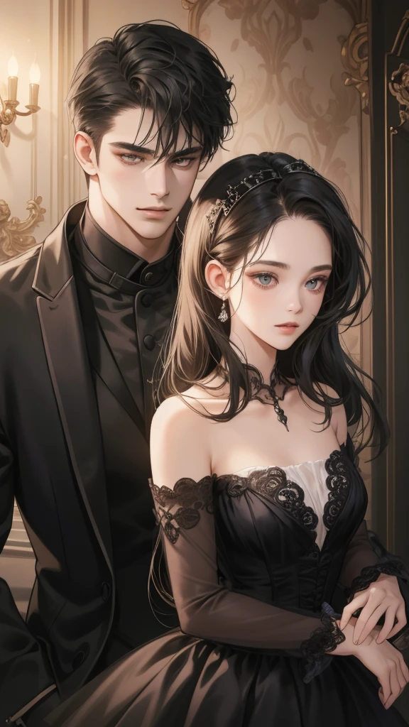 couple, 1 Girl 1 Boy, Romance, Illuminated suites, black color dress, Luxury room background, Handsome face, Romantic,Extreme detail, Digital art, 8K, Ultra HD,