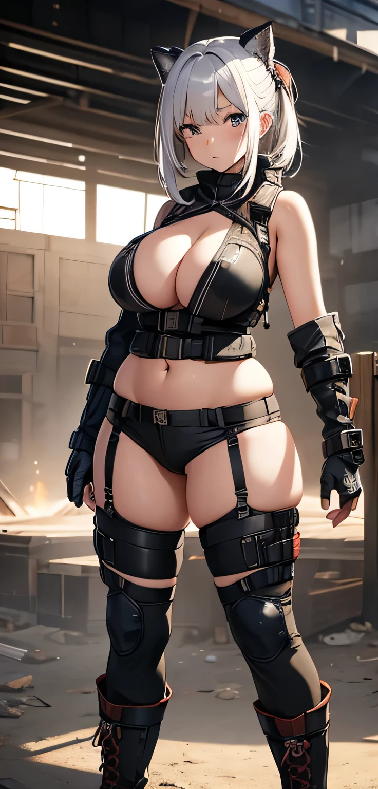 beautiful detailed 18 years old female japanese, wearing Erotic Post-Apocalyptic Gear: Practical and rugged clothing, including torn fabrics, utility vests, and combat boots, beautiful face, shiny skin, white hair, curvy body, ultra large saggy breasts, massive cleavage exposed, stage background