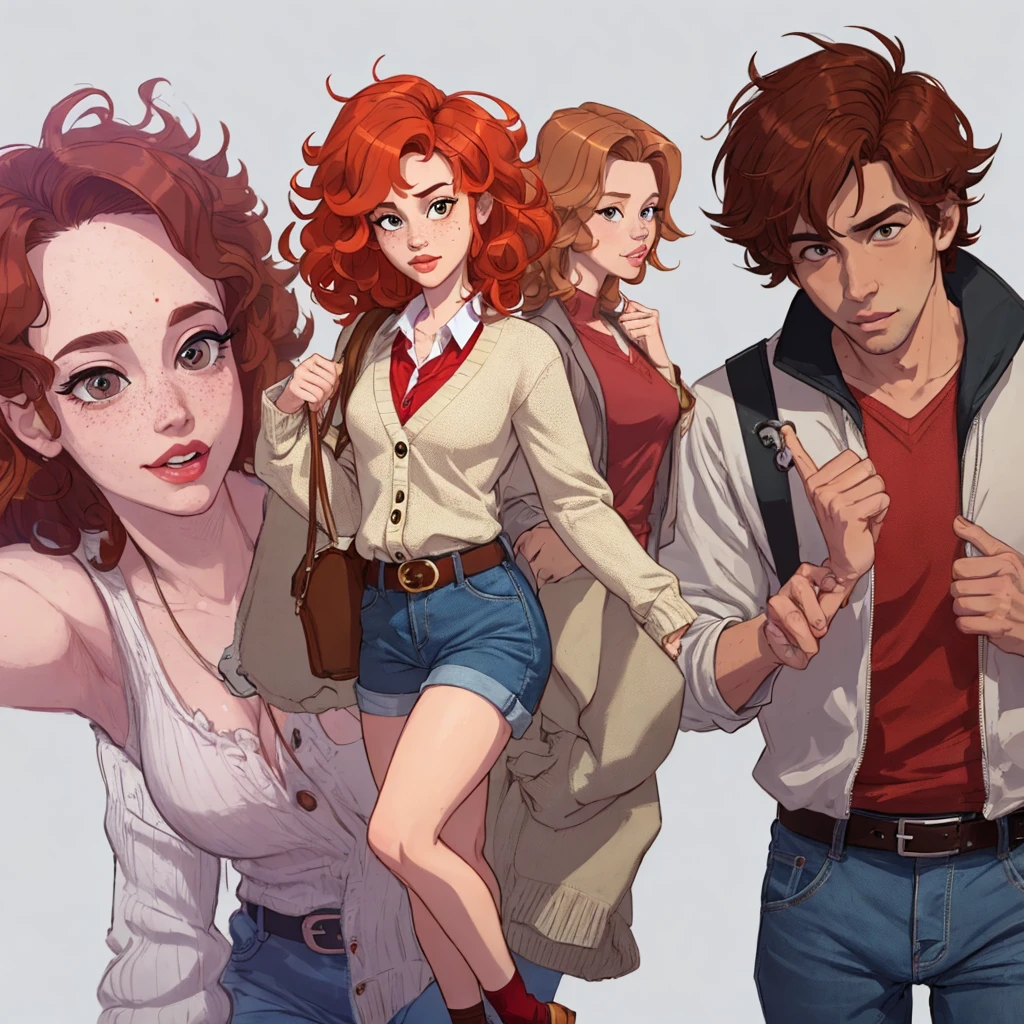 ((masterpiece)), (((Best quality))), illustration, 1 guy, bright skin, Brown eyes, freckles, Red hair, curly hair, school clothes, Vyazannaya cardigan, trousers, White shirt, belt, relaxed posture, (simple background: 1.3) ,--6