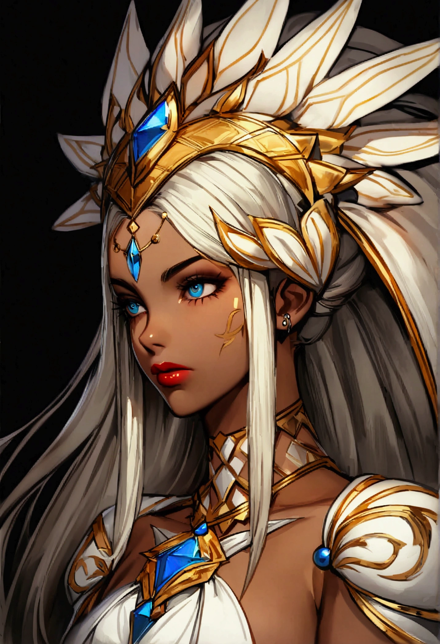 tall hair, evil barbarian, oil painting style, portrait: tan skin, big headdress, Saeliah Sunblood is a striking figure, known as much for her beauty as for her hatred, evilness, ruthlessness. She has long, flowing blonde hair that cascades down her back, a stark contrast to the typically dark-haired members of the Horde. Her eyes are a piercing blue, often described as cold and calculating, reflecting the despicable nature that lies beneath her stunning exterior. Saeliah's attire is designed to both allure and intimidate. She wears minimalistic fur clothing, crafted from the materials looted from their conquests, adorned with sun motifs that highlight her connection to the Sun.