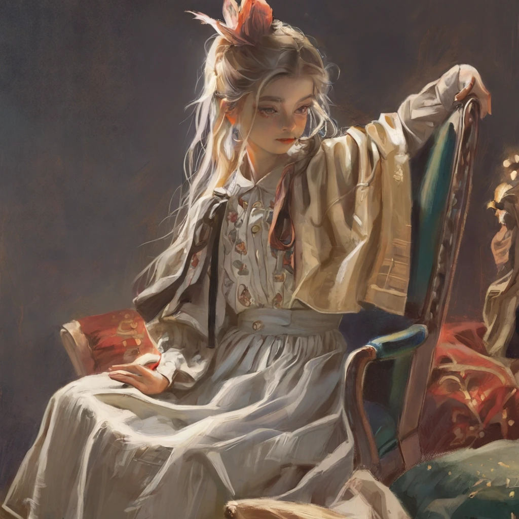 score_9, score_8_up, score_7_up, score_6_up, score_5_up, score_4_up, fkey70, ,by fuenze, by yogisya by Ellen Jewett, masterpiece, best quality, high quality, A white haired girl girl sitting in a chair, hyperrealistic anime painting, modern clothes, anime painting, loose long hair, black background, dramatic diagonal lighting, painterly, realistic painting, soft feature, detailed clothes, detailed, rembrandt lighting,