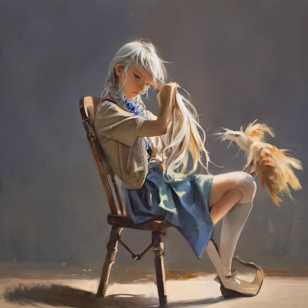 score_9, score_8_up, score_7_up, score_6_up, score_5_up, score_4_up, fkey70, ,by fuenze, by yogisya by Ellen Jewett, masterpiece, best quality, high quality, A white haired girl girl sitting in a chair, hyperrealistic anime painting, modern clothes, anime painting, loose long hair, black background, dramatic diagonal lighting, painterly, realistic painting, soft feature, detailed clothes, detailed, rembrandt lighting,
 