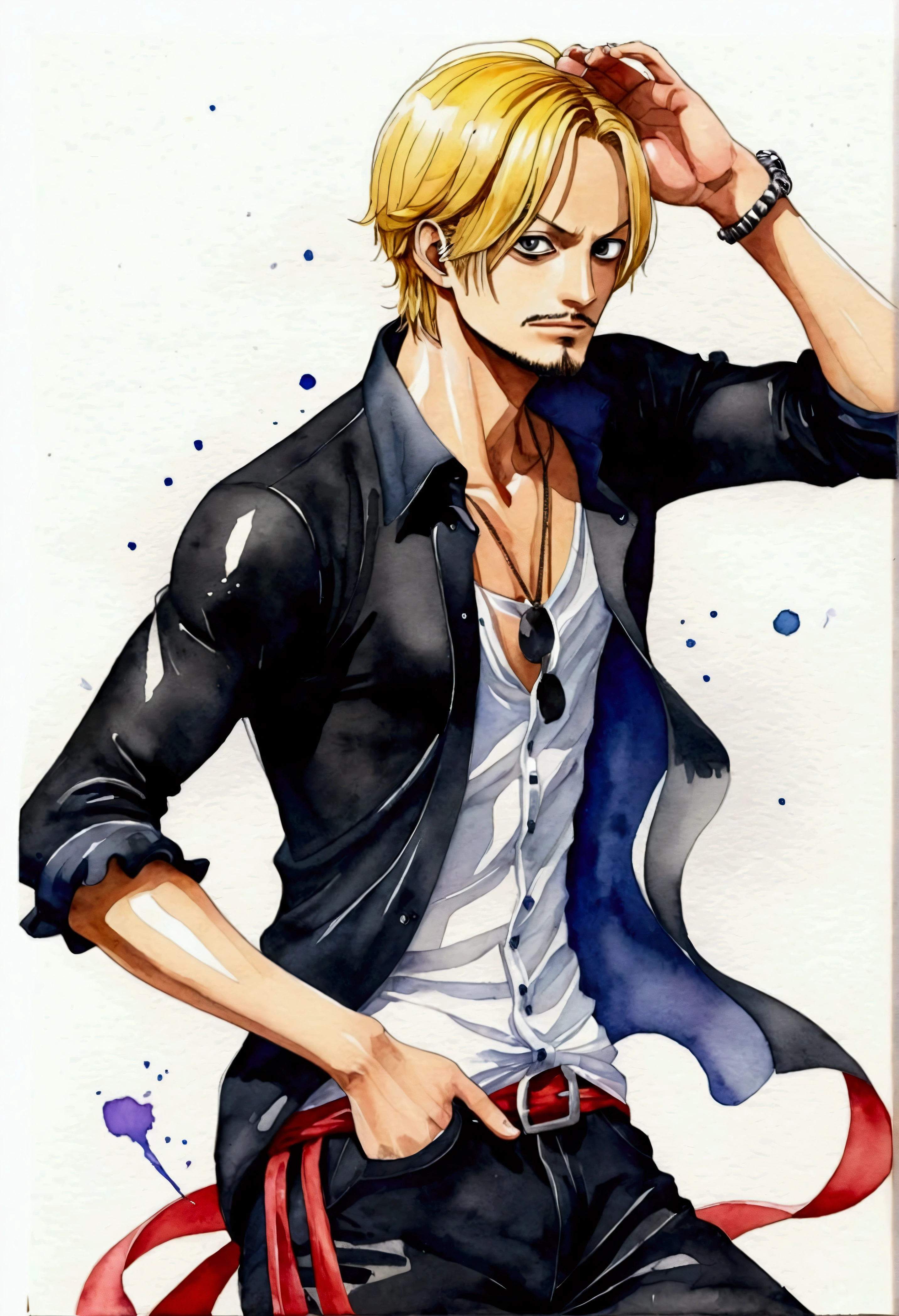 One Piece Sanji Creation、Watercolor、An illustration、Blonde、shirt、precise face features、black eye、Sporty clothes、High resolution、Dynamic pose、