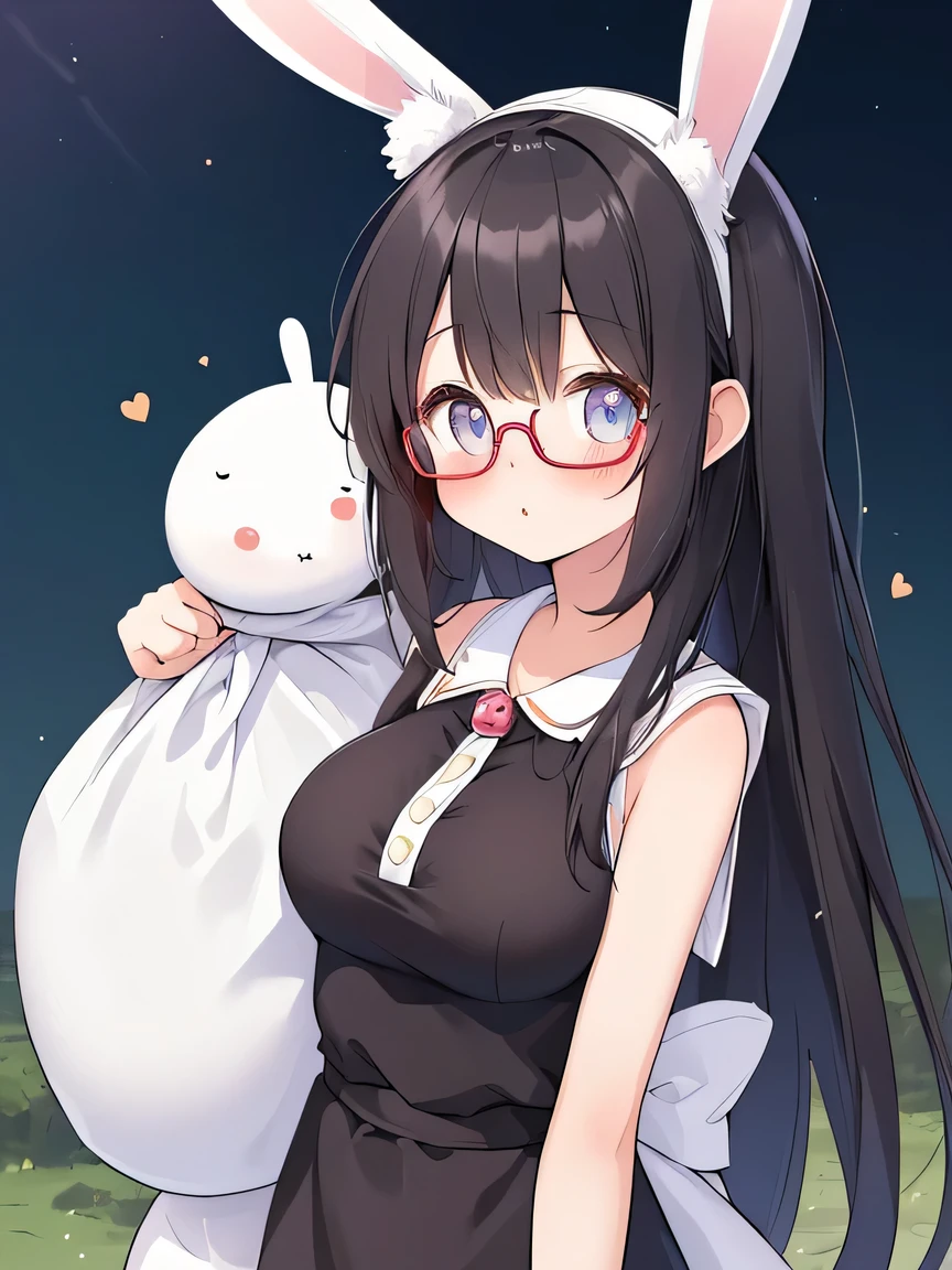 ((masterpiece)), ((best quality)), (ultra-detailed), ((kawaii)), cute, (lovely), illustration, anime style, (beautiful eyes), beautiful black hair, long hair, slim, slender, medium breast, glasses, (carrying a large white sack on her shoulder:1.3), (white Rabbit ears), white rabbit.