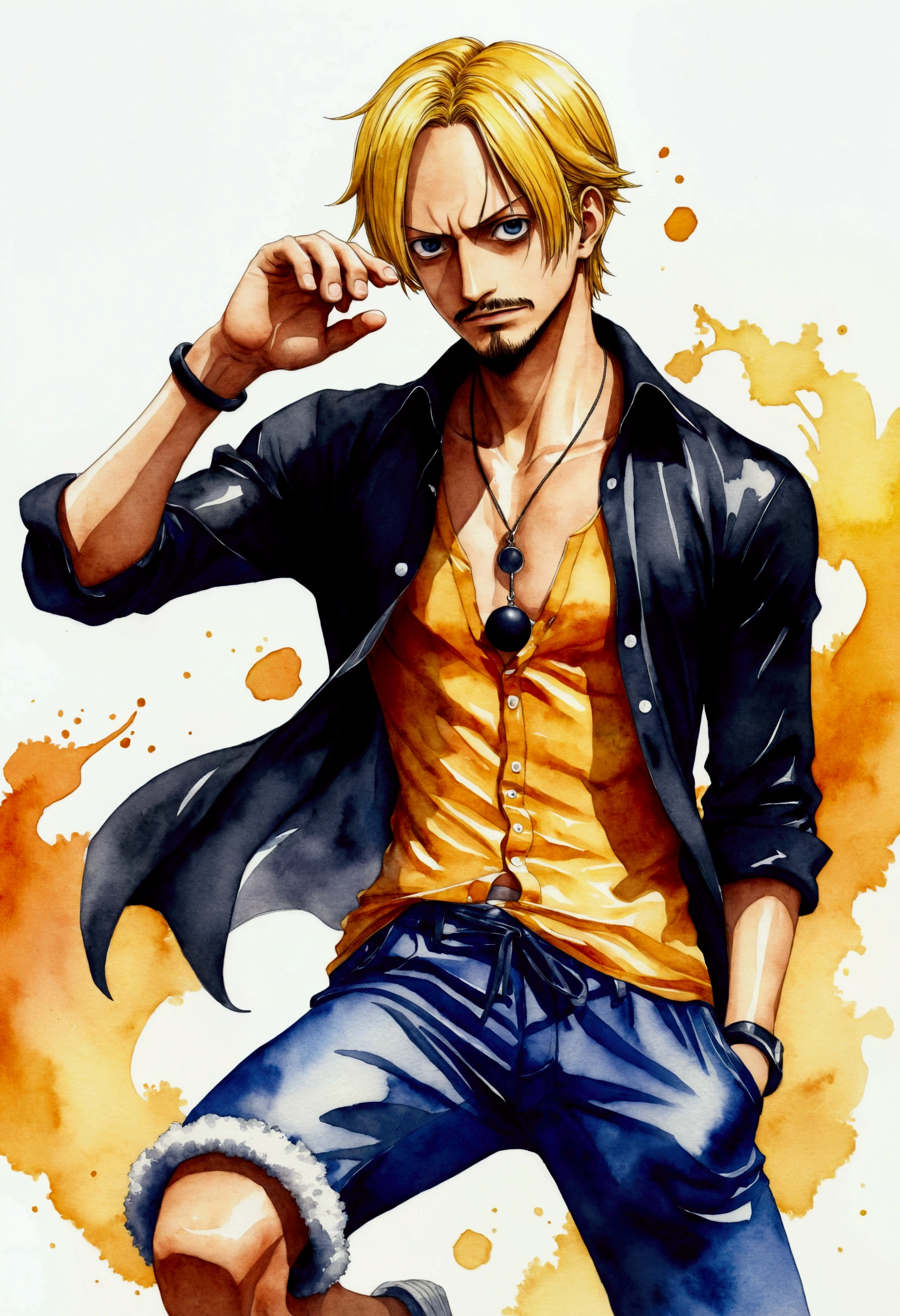 One Piece Sanji Creation、Watercolor、An illustration、Blonde、shirt、precise face features、black eye、Sporty clothes、High resolution、Dynamic pose、
