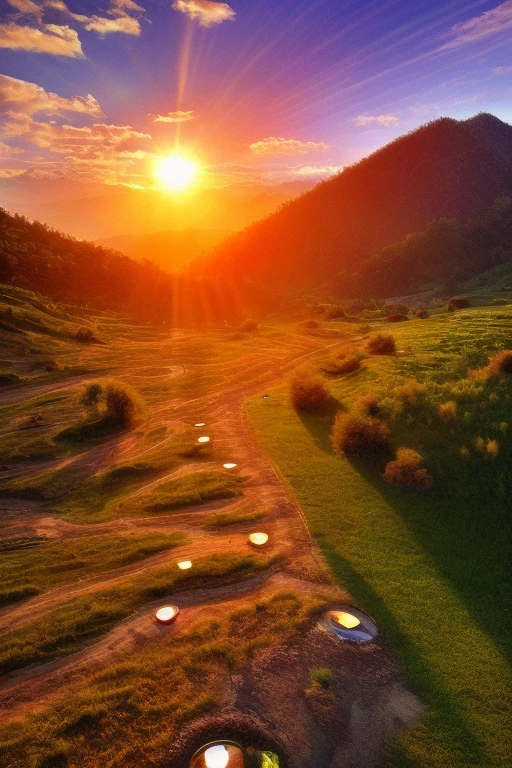 Sunset in the mountain range of Mexico spectacular view, amazing, some drops of water on the grass on the mountain, beautiful vision, beautiful sun